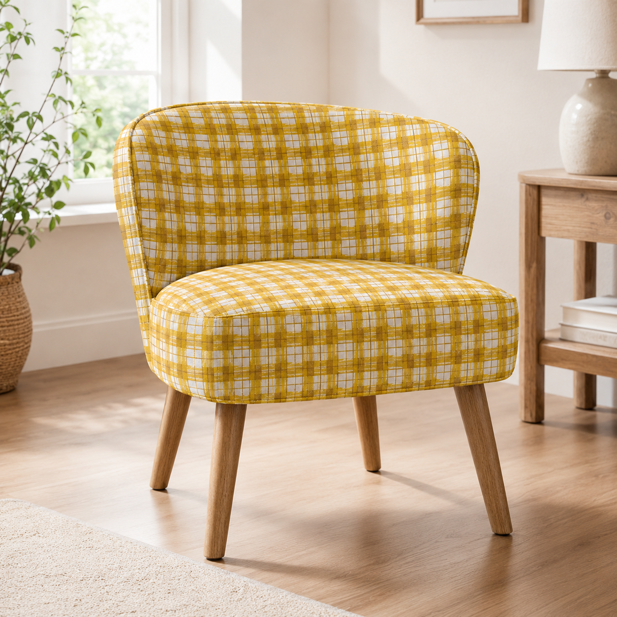 Under the Apple Tree – Picnic Sunshine Golden Yellow Check Plaid Fabric by Loes Van Oosten – Quilting Cotton