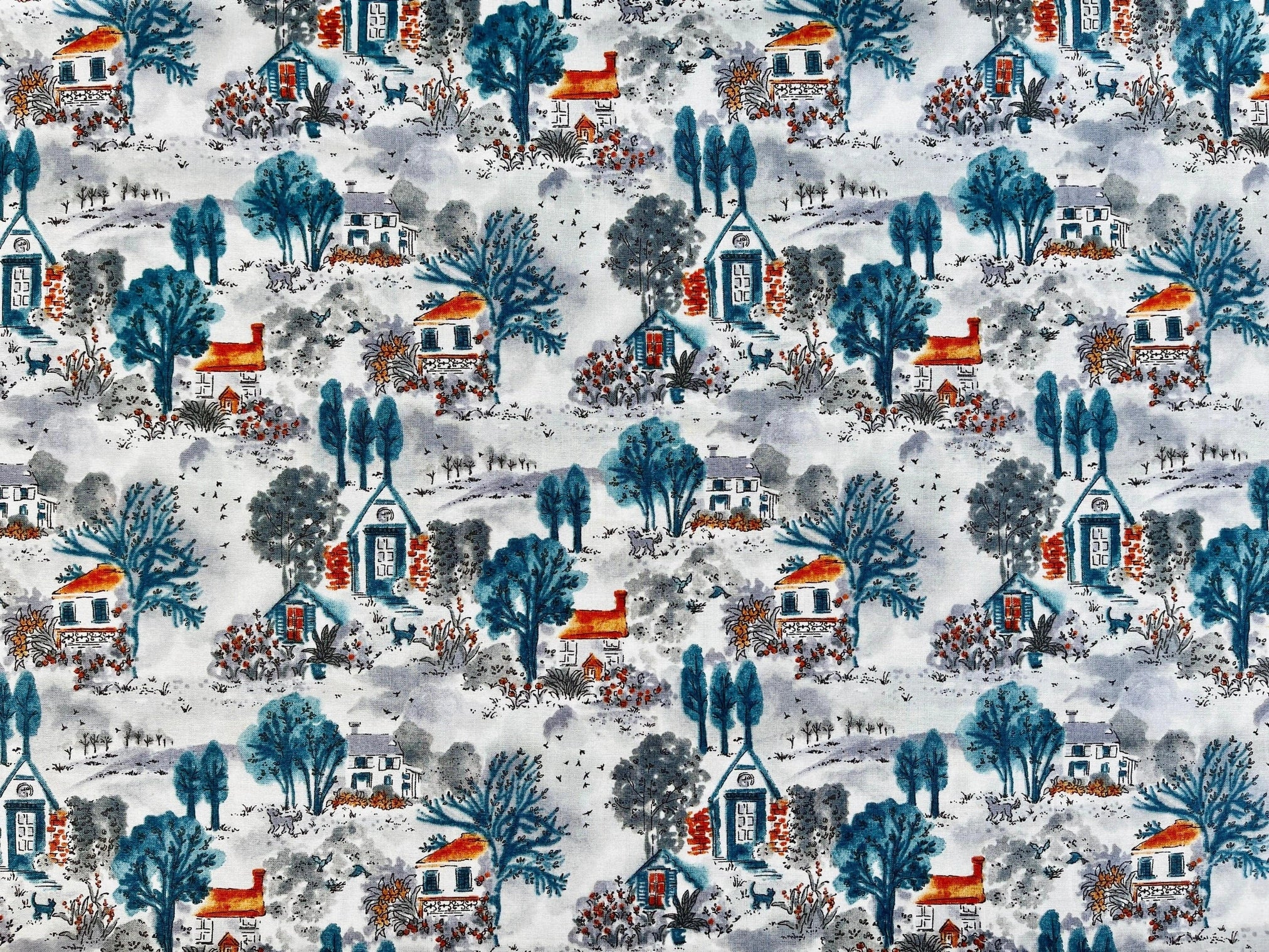 Hokkoh - Japanese Fabric - Bird - House - Tree - Blue - Grey -  Orange - Organic Cotton - Lawn Fabric - ST-21-106-2E