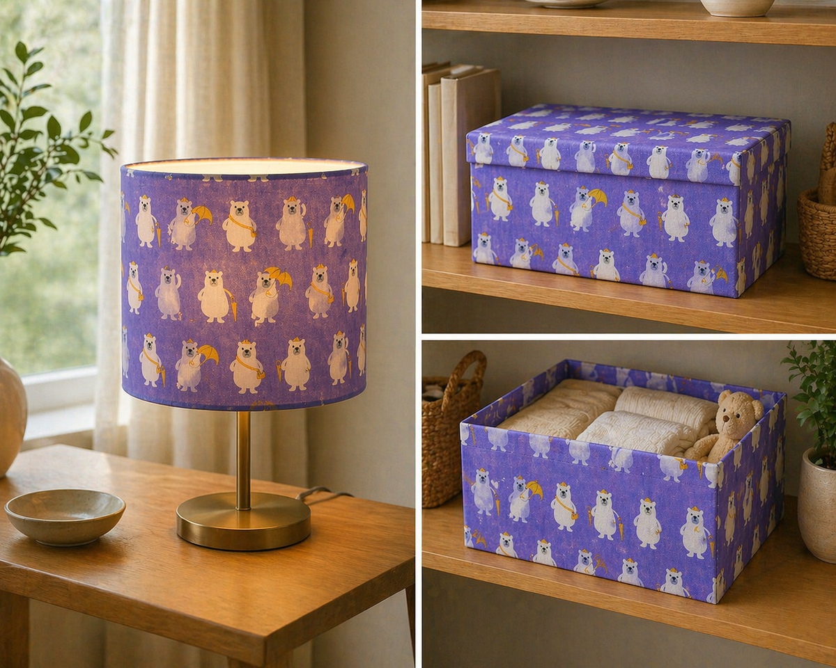 Bear-Polar Bear-Japanese Fabric-Purple-White-Yellow-Cotton Canvas Fabric
