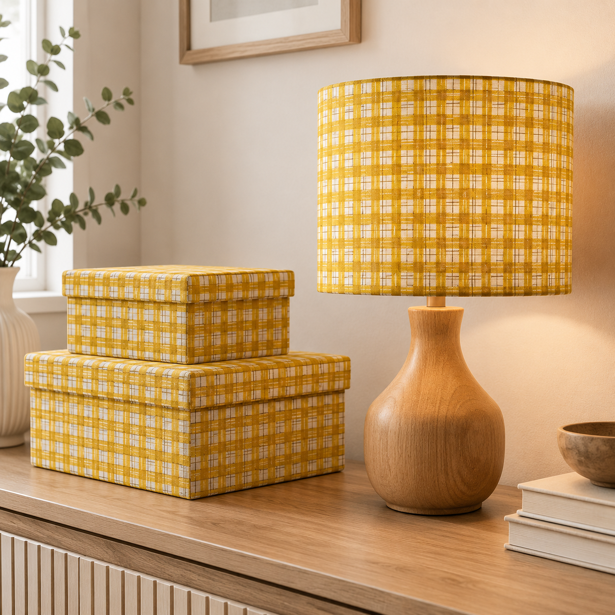 Under the Apple Tree – Picnic Sunshine Golden Yellow Check Plaid Fabric by Loes Van Oosten – Quilting Cotton