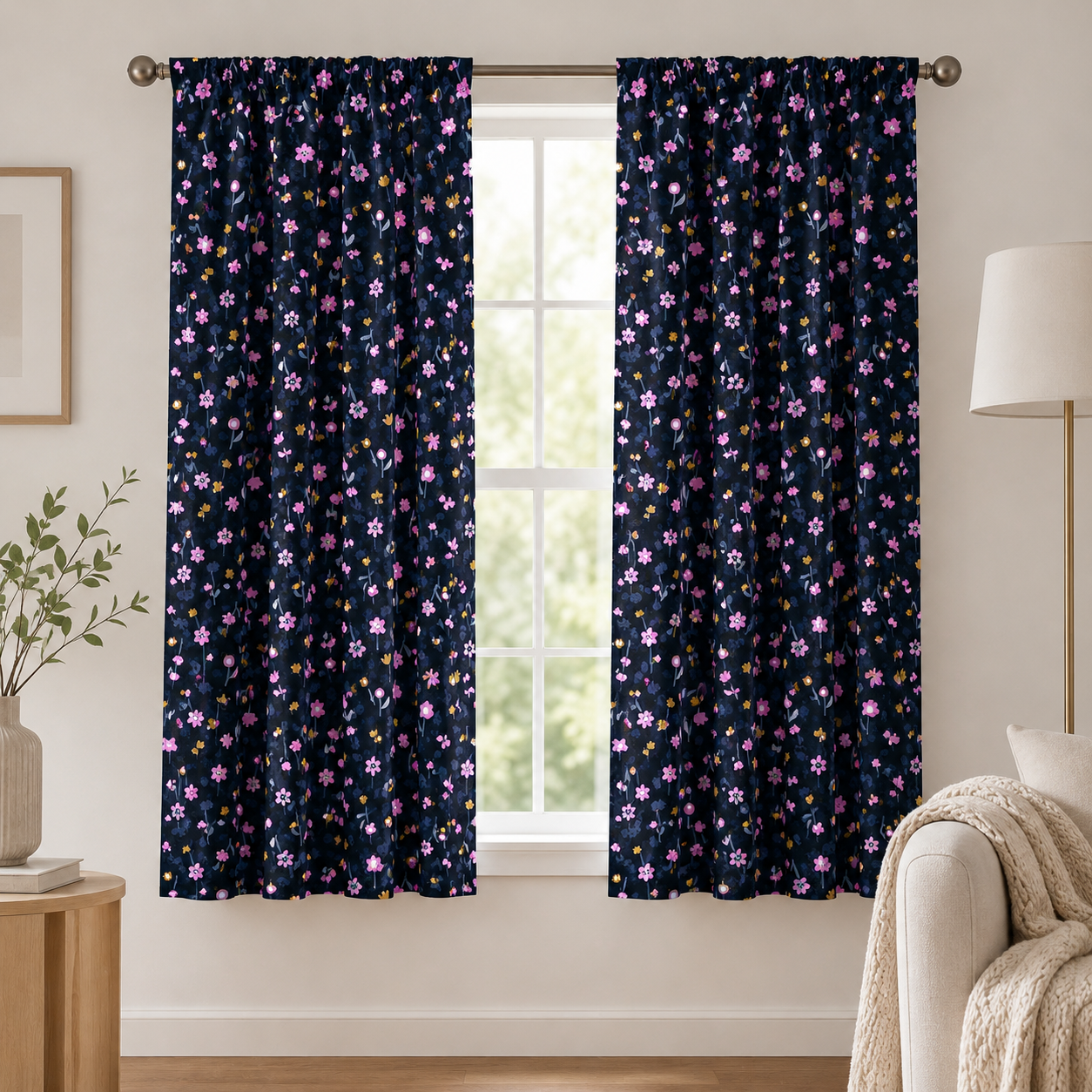 Neko and Tori - Flower Picking - Night Rayon Fabric - Black - Itsuko Naka