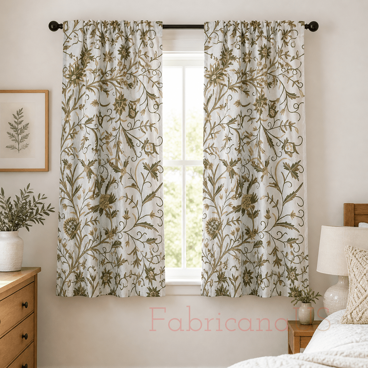 Cotton Crewel Hand Embroidered Fabric-Kashmir Crewel on White-Myth D/7 Tune