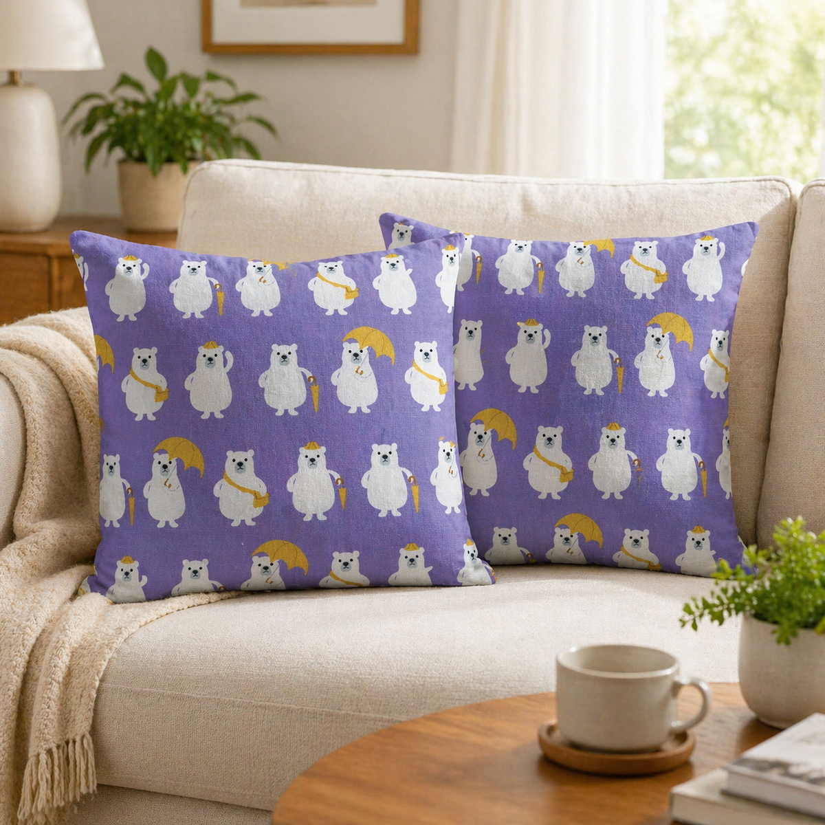 Bear-Polar Bear-Japanese Fabric-Purple-White-Yellow-Cotton Canvas Fabric