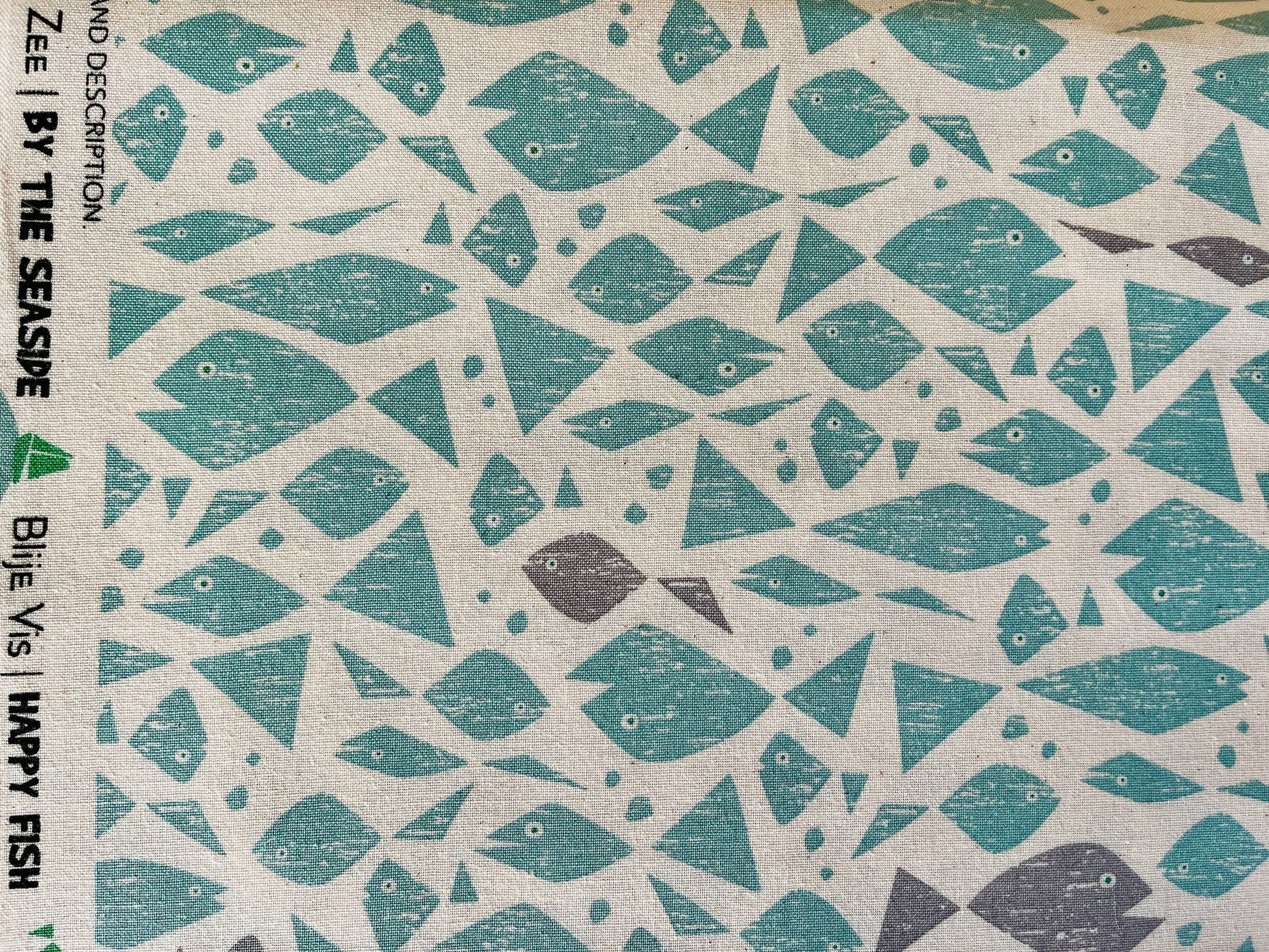 By the Seaside-Happy Fish-Aqua Unbleached Fabric