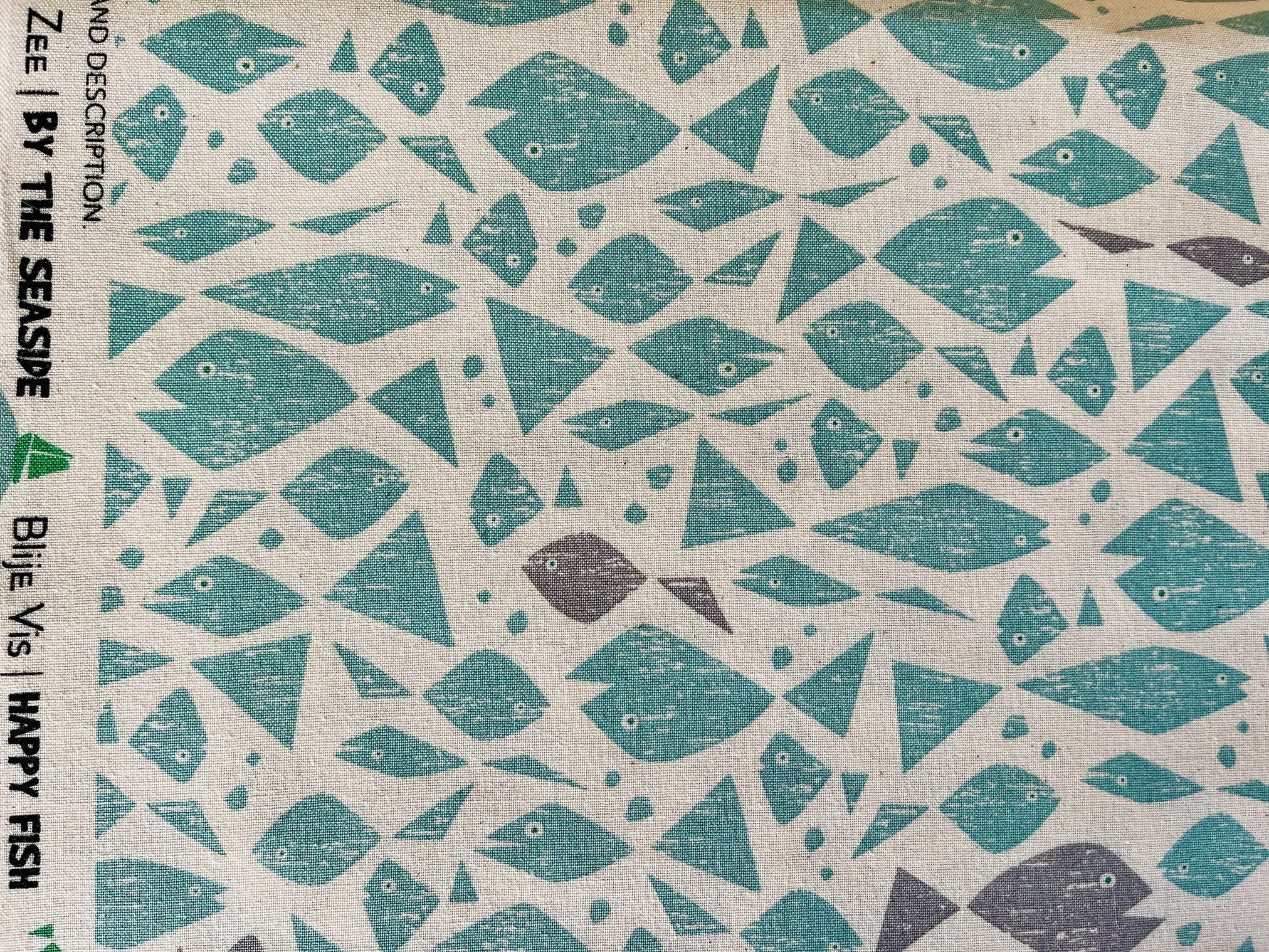 By the Seaside-Happy Fish-Aqua Unbleached Fabric