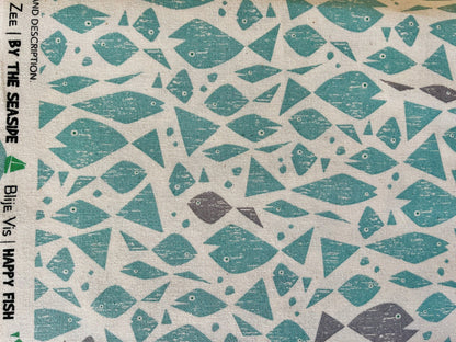 By the Seaside-Happy Fish-Aqua Unbleached Fabric