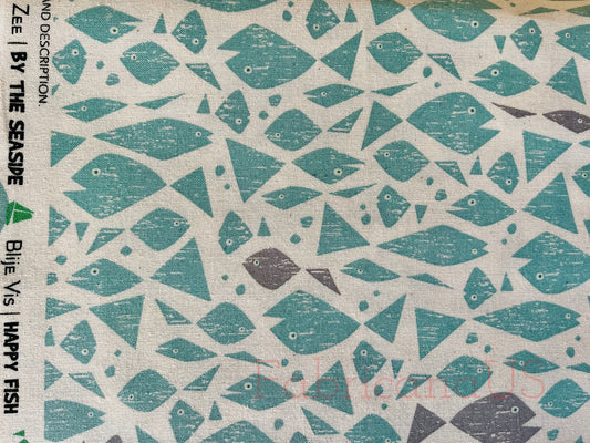 By the Seaside-Happy Fish-Aqua Unbleached Fabric