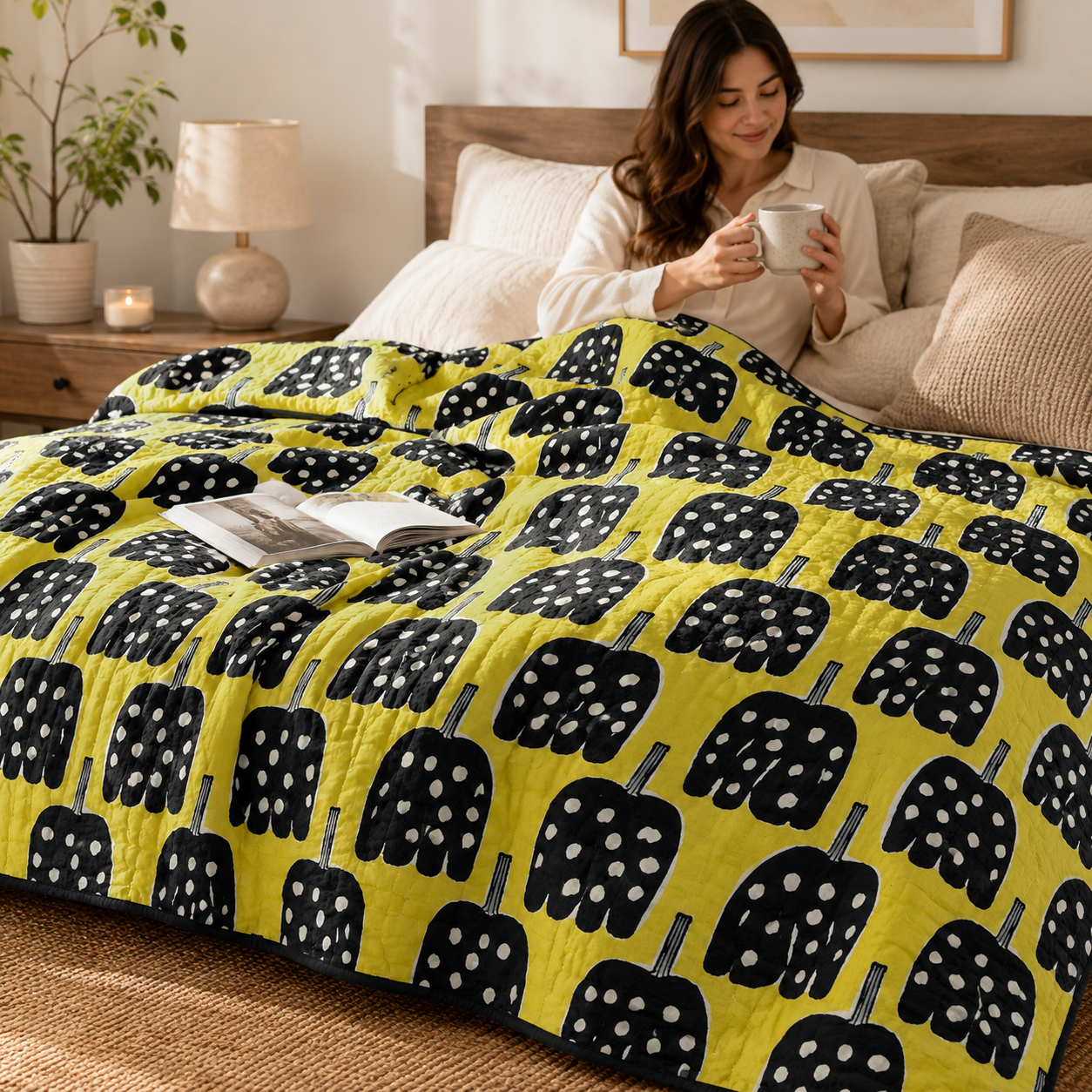 Kokka Japanese Lightweight Canvas Fabric – Black & Yellow Print – Premium Cotton Canvas – Made in Japan