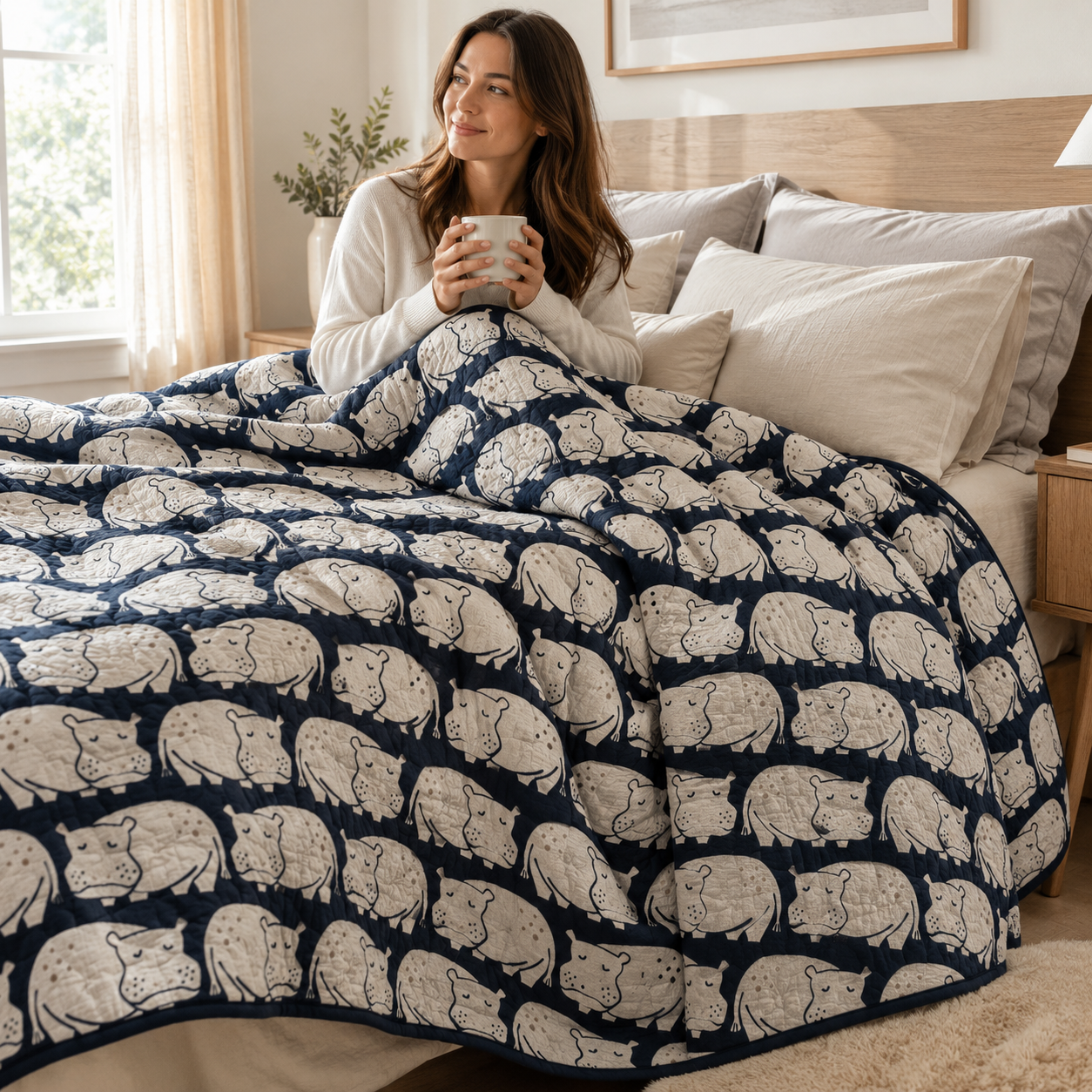 Rising Sun Weary Hippo Black Quilting Cotton Fabric by Loes van Oosten