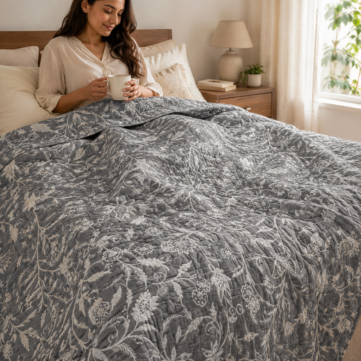 Linen Crewel Hand Embroidered Fabric-Kashmir Crewel-White on Linen-Myth 766