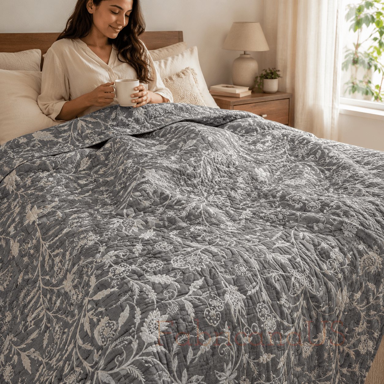 Linen Crewel Hand Embroidered Fabric-Kashmir Crewel-White on Linen-Myth 766