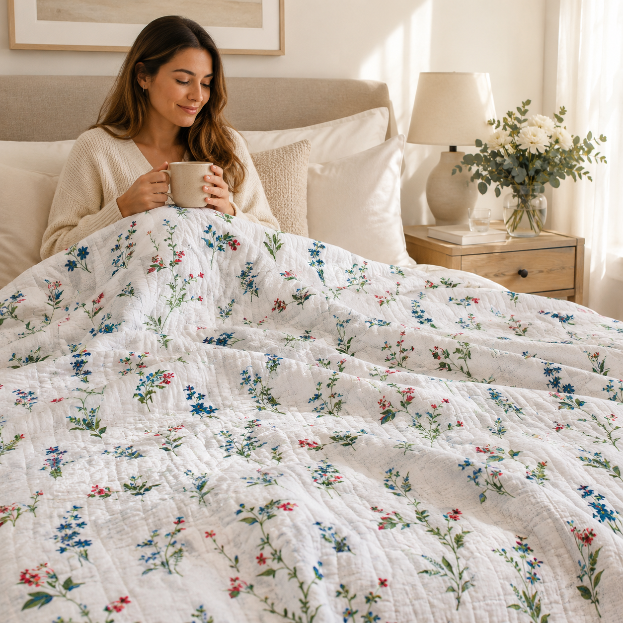 Floral - Green - Red - Blue - White - Hokkoh - Japanese Fabric -Cotton Linen