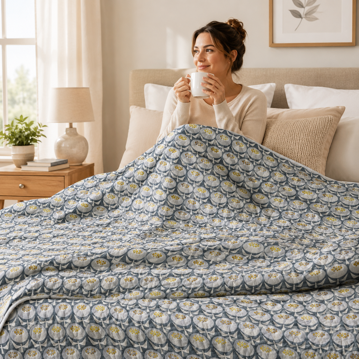 Sweet Floral Scent – Buttercup – Gray Skies Metallic Collection by Loes Van Oosten – Premium Quilting Cotton Fabric