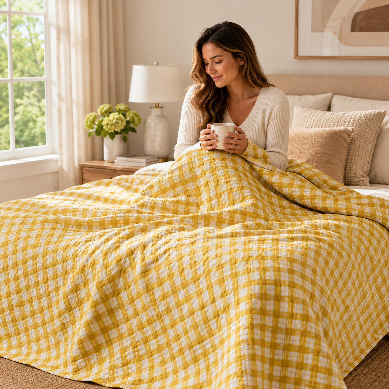 Under the Apple Tree – Picnic Sunshine Golden Yellow Check Plaid Fabric by Loes Van Oosten – Quilting Cotton