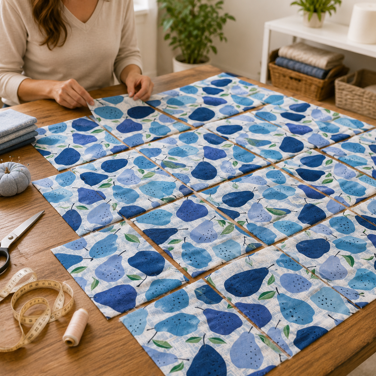 Under The Apple Tree-Quince Blue Fabric-Loes Van Oosten-Cotton + Steel