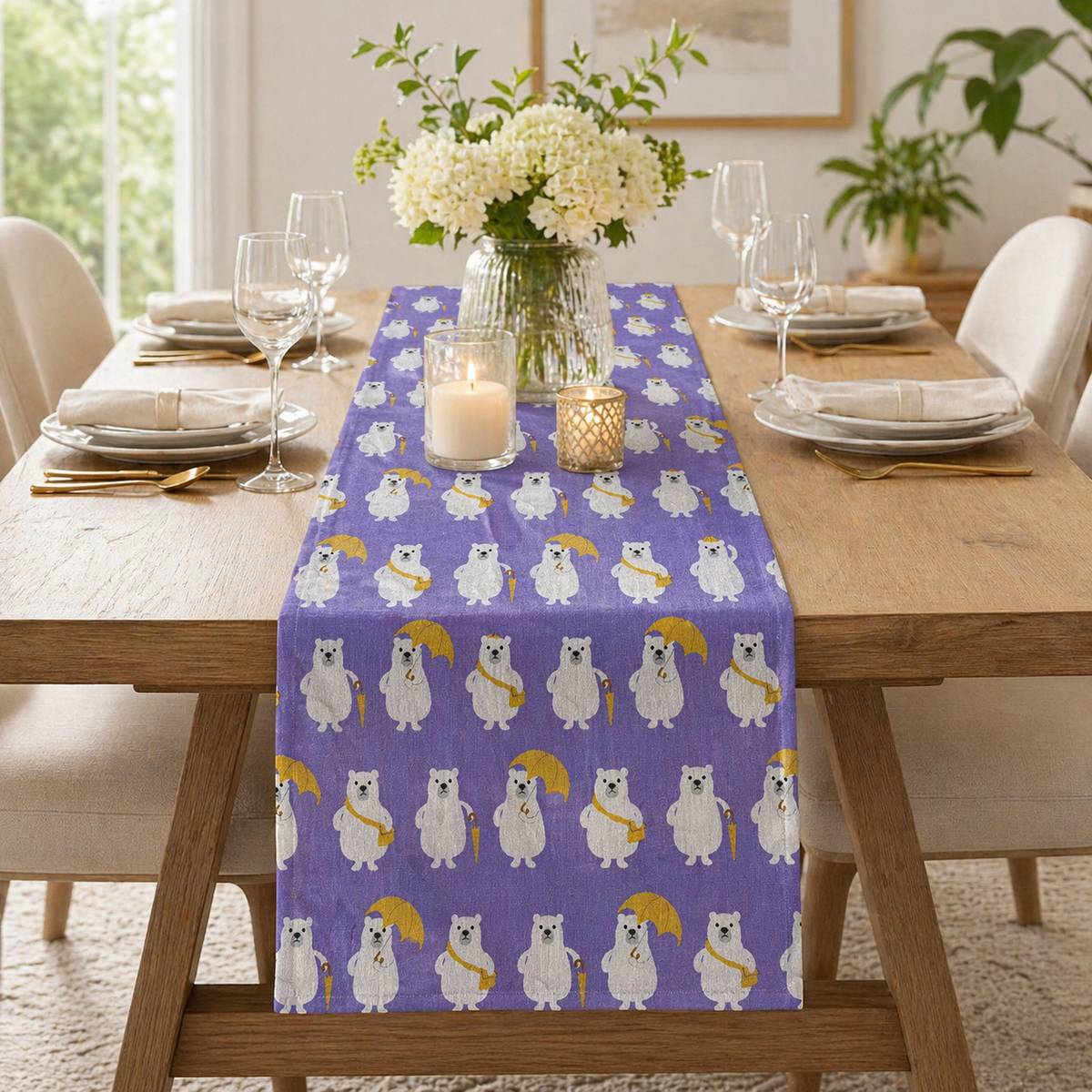 Bear-Polar Bear-Japanese Fabric-Purple-White-Yellow-Cotton Canvas Fabric