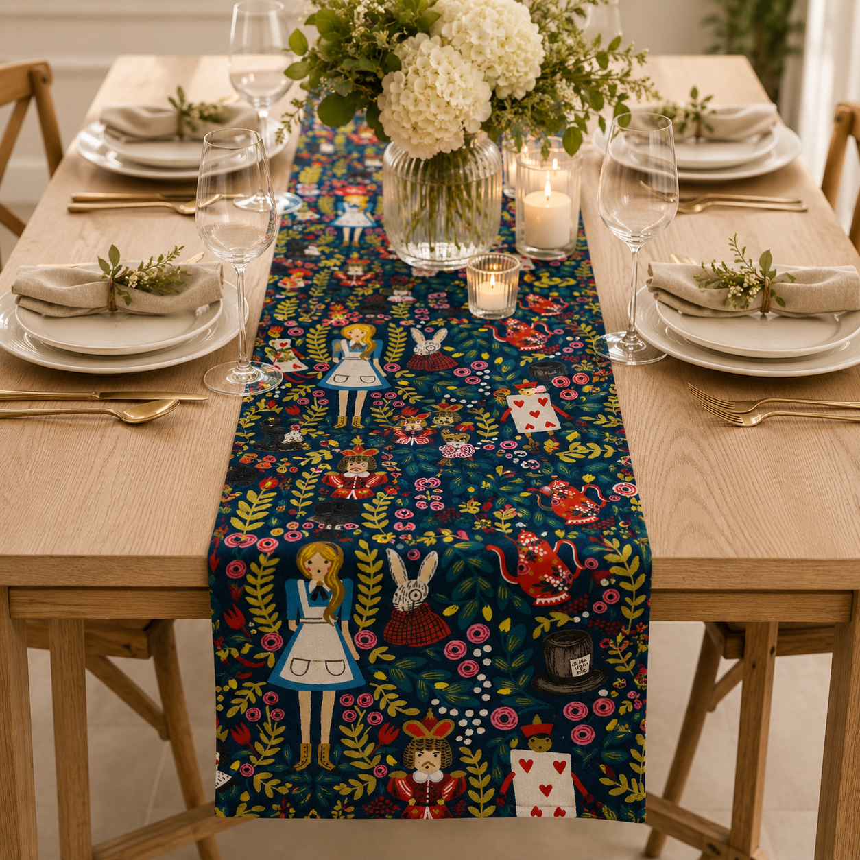 Rifle Paper Co-Alice in Wonderland Fabric-Metallic Navy Canvas-Cotton and Steel