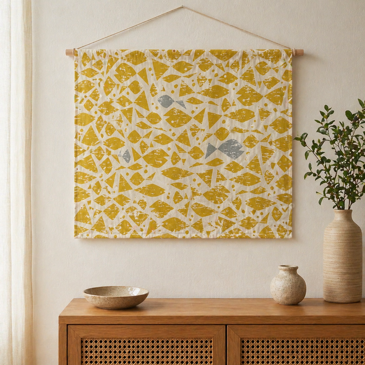 By the Seaside-Happy Fish-Yellow Unbleached Fabric-Loes Van Oosten-Cotton + Steel