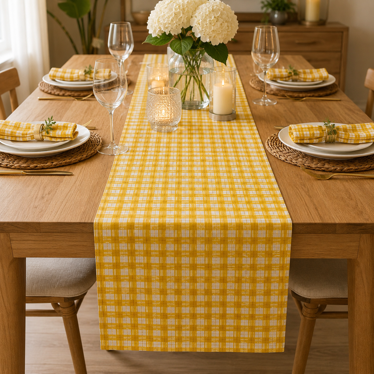 Under the Apple Tree – Picnic Sunshine Golden Yellow Check Plaid Fabric by Loes Van Oosten – Quilting Cotton