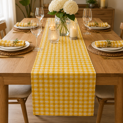 Under the Apple Tree – Picnic Sunshine Golden Yellow Check Plaid Fabric by Loes Van Oosten – Quilting Cotton