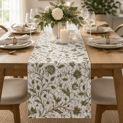 Cotton Crewel Hand Embroidered Fabric-Kashmir Crewel on White-Myth D/7 Tune