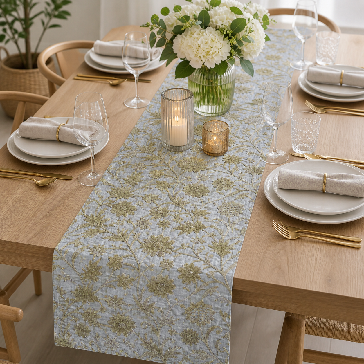 Cotton Crewel Hand Embroidered Fabric-Kashmir Crewel-Beige on White-Myth Waar Daar