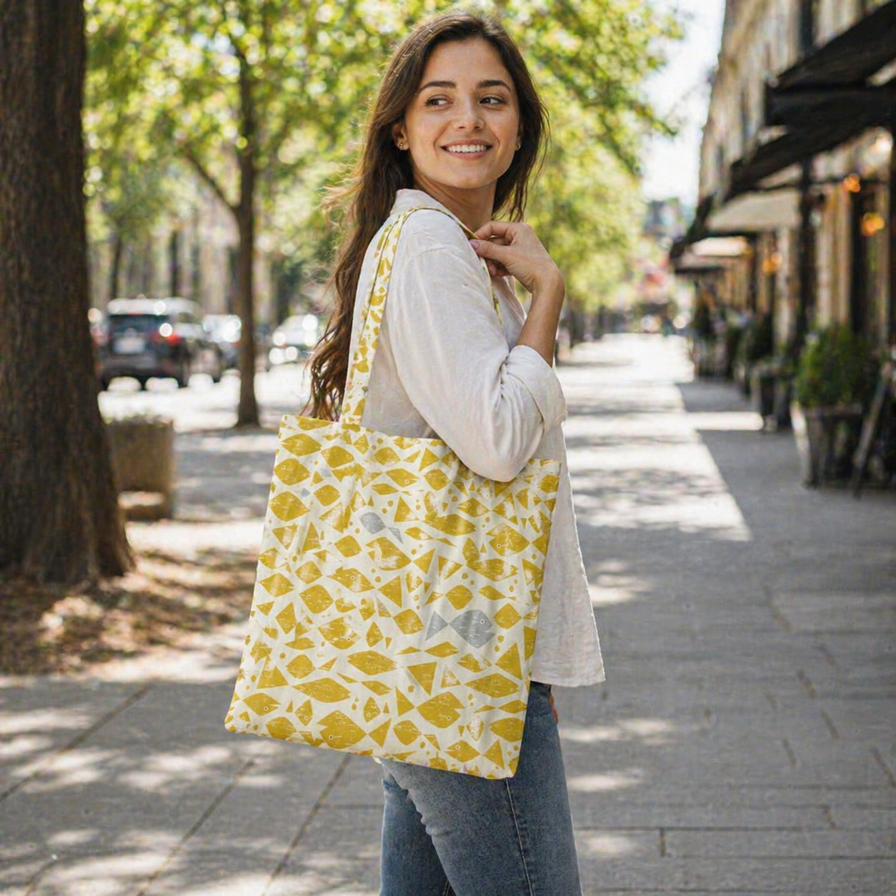 By the Seaside-Happy Fish-Yellow Unbleached Fabric-Loes Van Oosten-Cotton + Steel