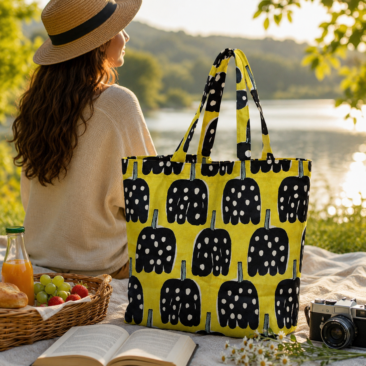 Kokka Japanese Lightweight Canvas Fabric – Black & Yellow Print – Premium Cotton Canvas – Made in Japan