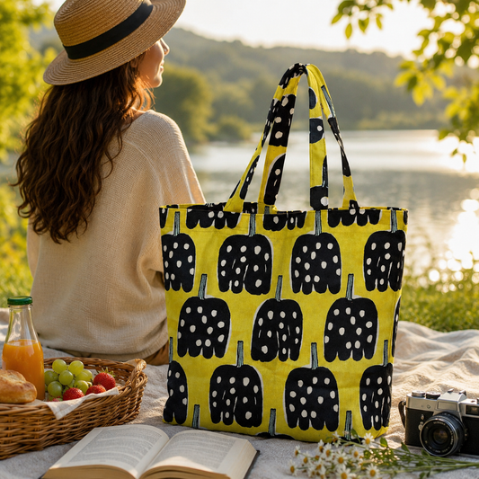Kokka Japanese Lightweight Canvas Fabric – Black & Yellow Print – Premium Cotton Canvas – Made in Japan