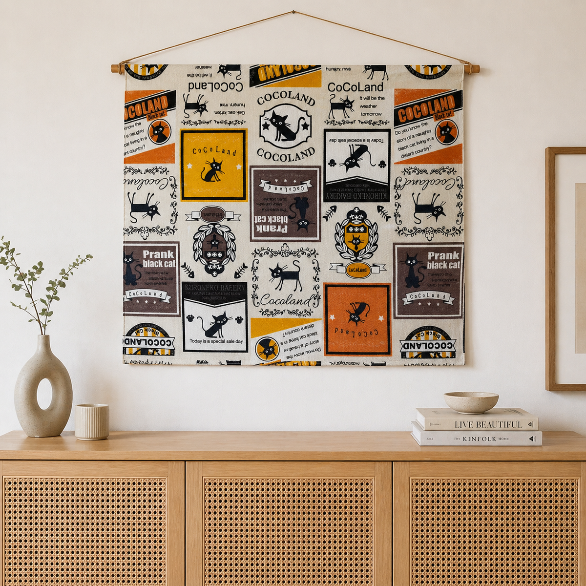 Kokka Japanese Cat Canvas Fabric – Cat Logo Print – Premium Cotton Fabric