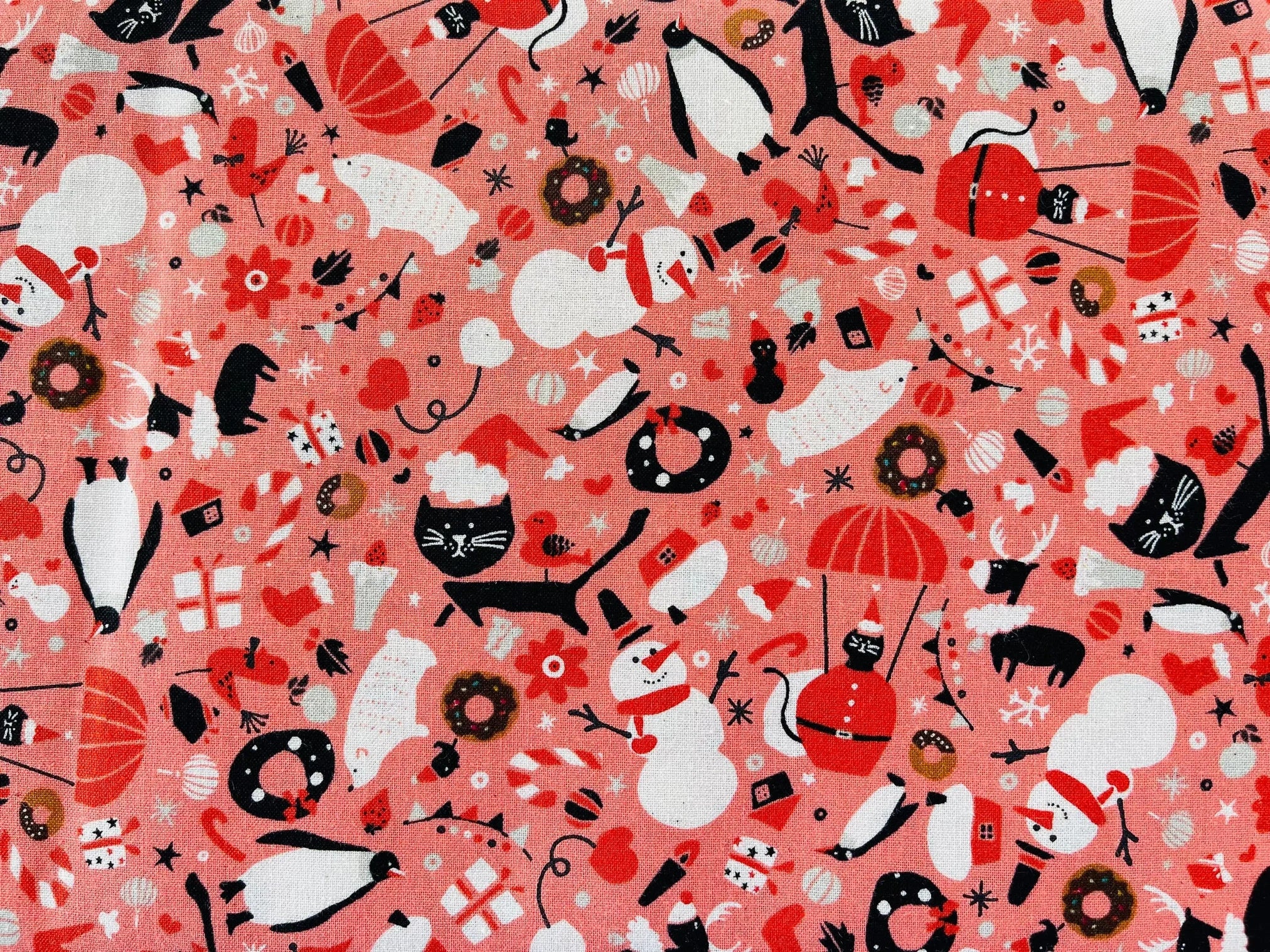 Waku Waku Christmas - Mixer Coral Unbleached Fabric - Coral - Black - White - Naocom - Cotton+ Steel - Quilting Cotton - NM202-CO2U