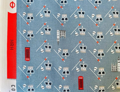London Town HRH -Blue Fabric - Sara Mulvanny - Cotton + Steel - Quilting Cotton - Blue - Red - White - Black - SY104-BL1