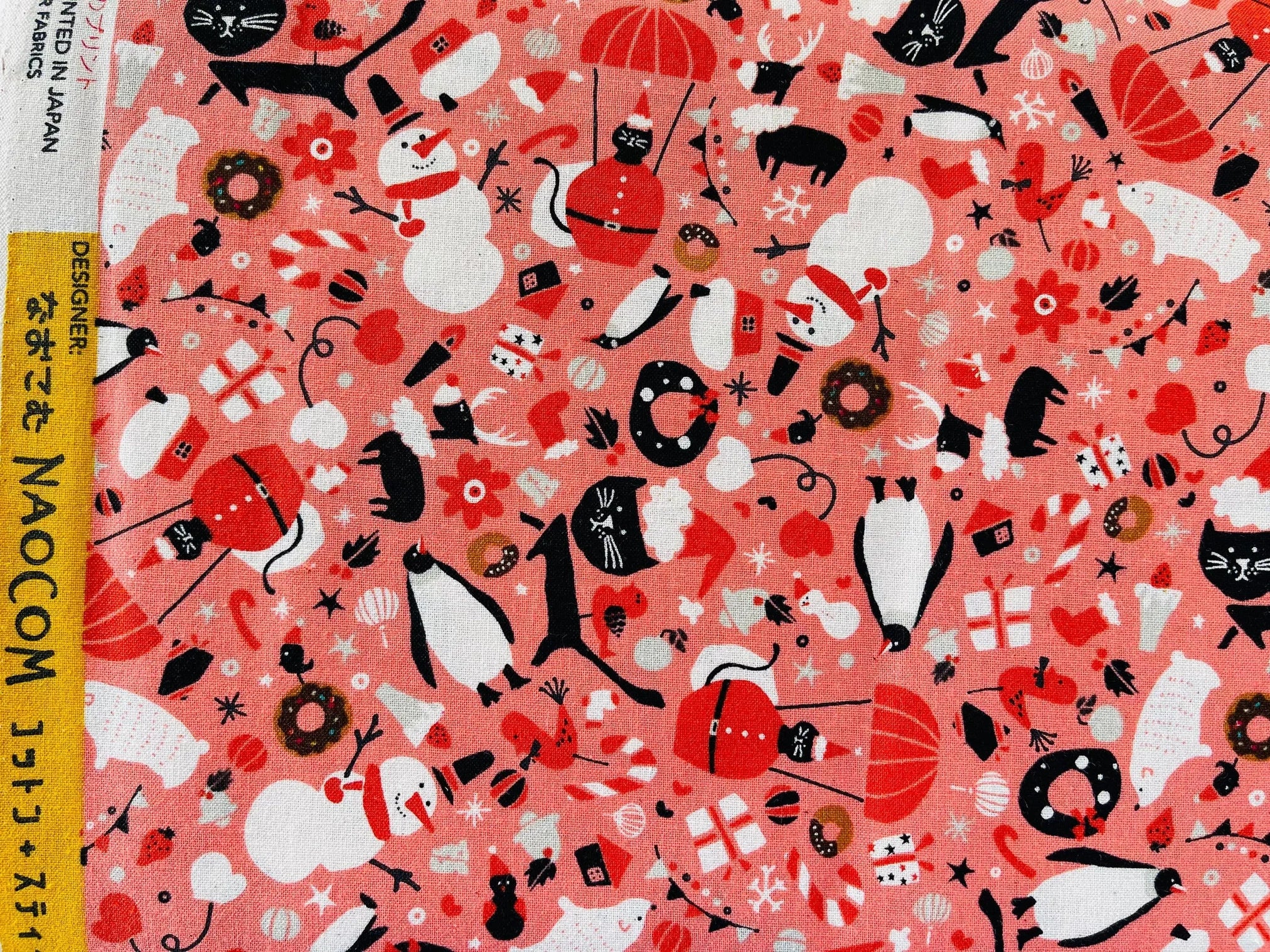 Waku Waku Christmas - Mixer Coral Unbleached Fabric - Coral - Black - White - Naocom - Cotton+ Steel - Quilting Cotton - NM202-CO2U