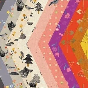 Neko and Tori - Flower Picking - Night Rayon Fabric - Black - Purple - Grey - Yellow - Itsuko Naka - Cotton+Steel - IN103-NI5R