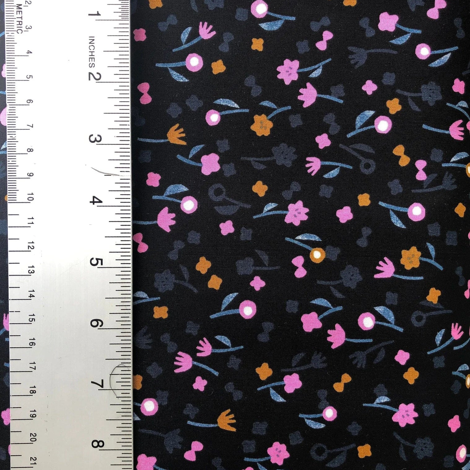 Neko and Tori - Flower Picking - Night Rayon Fabric - Black - Purple - Grey - Yellow - Itsuko Naka - Cotton+Steel - IN103-NI5R