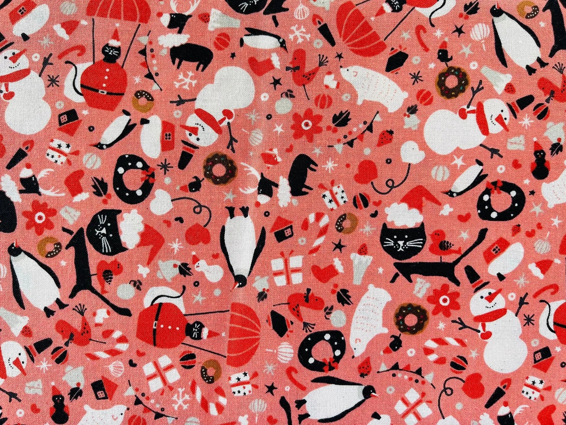 Waku Waku Christmas - Mixer Coral Unbleached Fabric - Coral - Black - White - Naocom - Cotton+ Steel - Quilting Cotton - NM202-CO2U