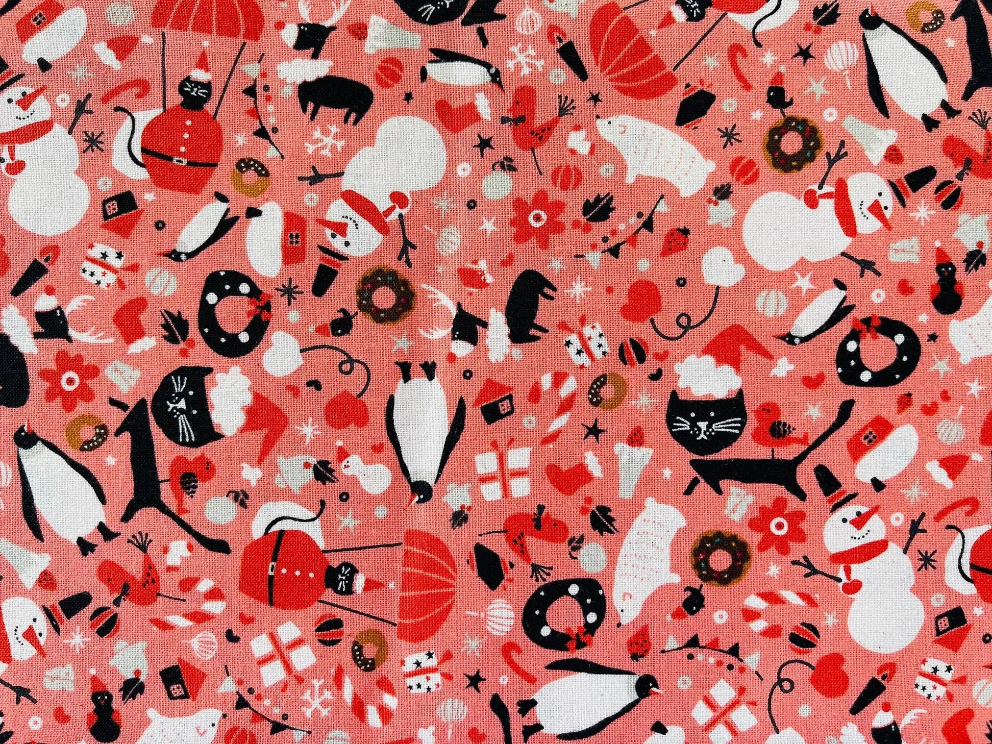 Waku Waku Christmas - Mixer Coral Unbleached Fabric - Coral - Black - White - Naocom - Cotton+ Steel - Quilting Cotton - NM202-CO2U