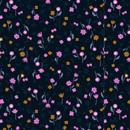 Neko and Tori - Flower Picking - Night Rayon Fabric - Black - Purple - Grey - Yellow - Itsuko Naka - Cotton+Steel - IN103-NI5R
