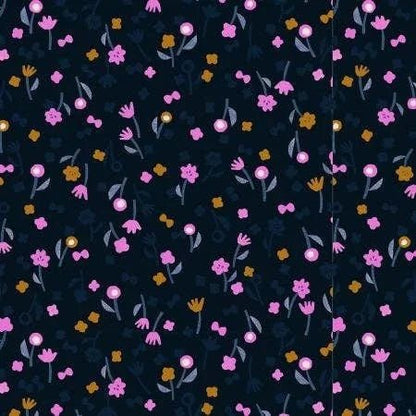 Neko and Tori - Flower Picking - Night Rayon Fabric - Black - Purple - Grey - Yellow - Itsuko Naka - Cotton+Steel - IN103-NI5R