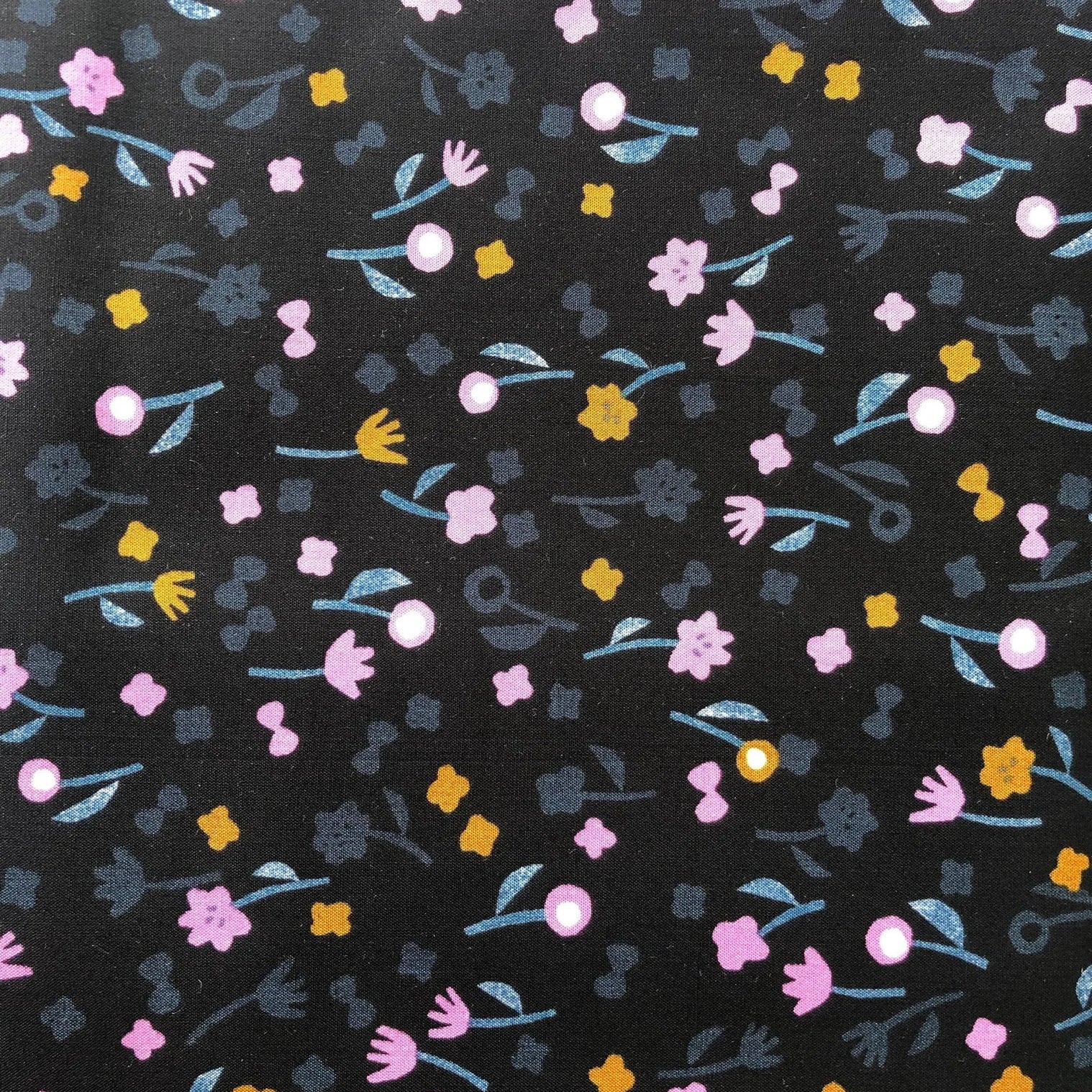 Neko and Tori - Flower Picking - Night Rayon Fabric - Black - Purple - Grey - Yellow - Itsuko Naka - Cotton+Steel - IN103-NI5R