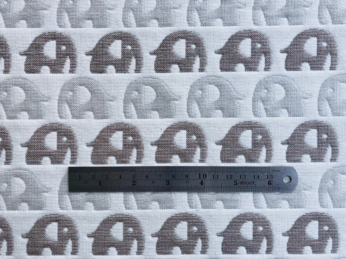 Japanese Gauze Jacquard Tan Grey Elephants Cotton Fabric. - Fabricanaus