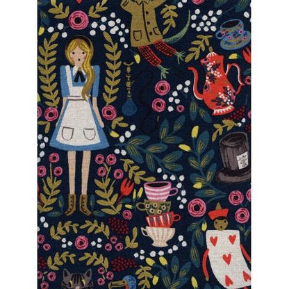 Rifle Paper Co-Alice in Wonderland Fabric-Navy Blue Quilting Cotton With Gold