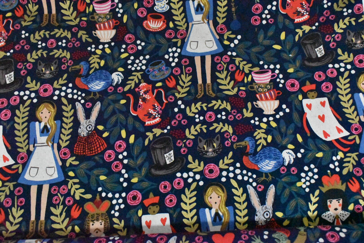 Rifle Paper Co-Alice in Wonderland Fabric-Navy Blue Quilting Cotton With Gold