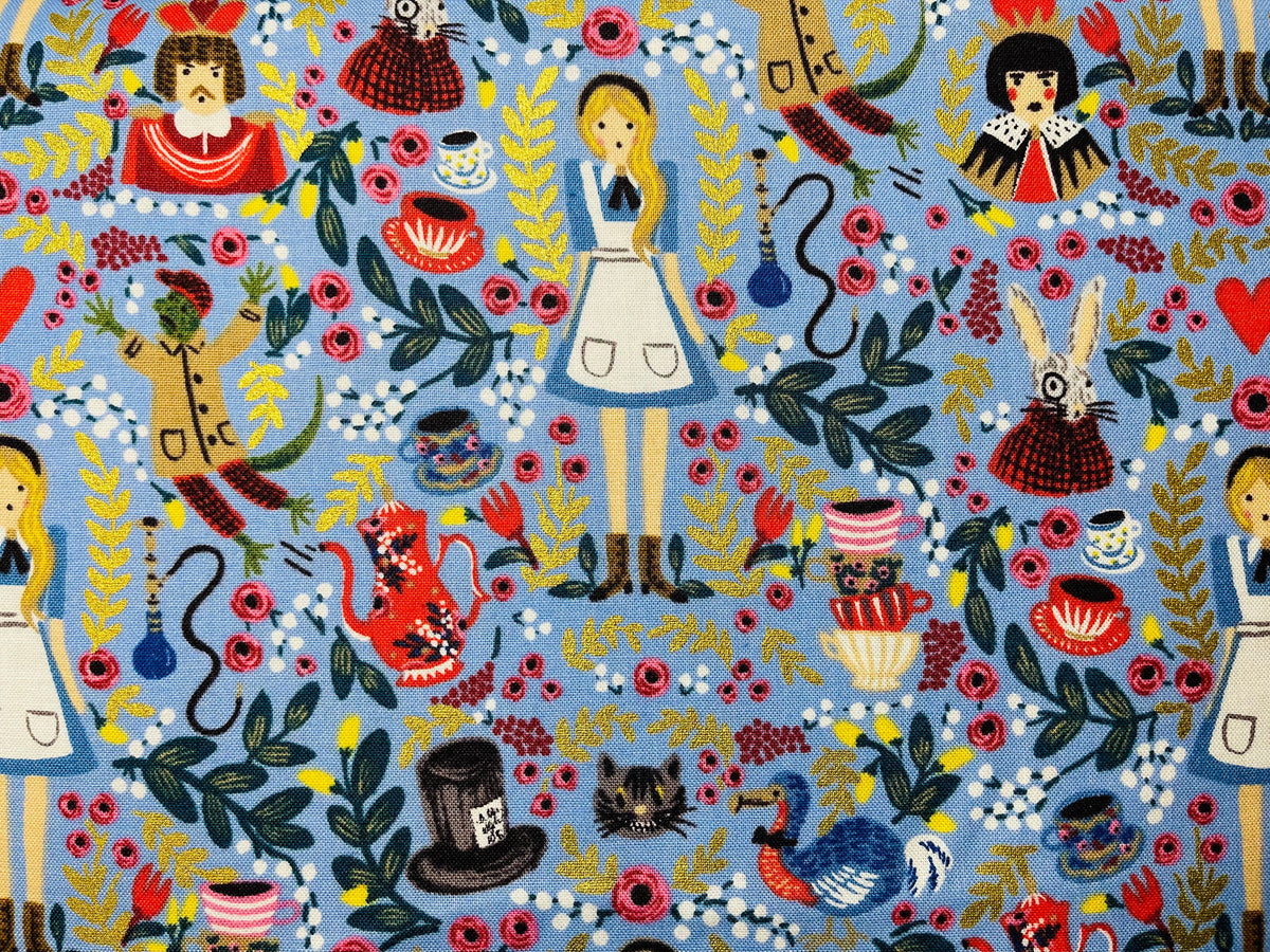 Wonderland-Rifle Paper Co-Periwinkle Metallic Fabric-Cotton+ Steel-Quilting Cotton