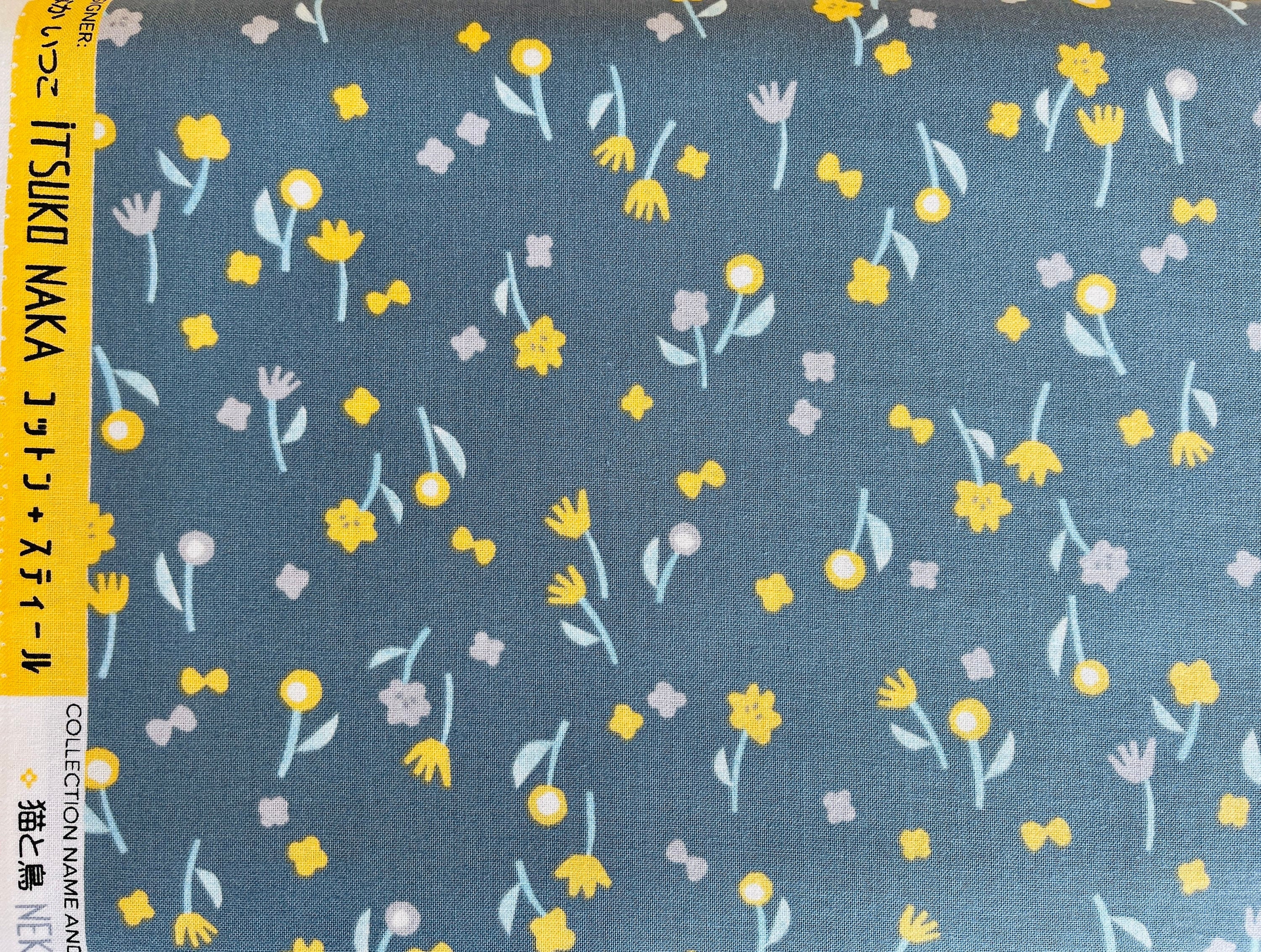 Neko and Tori-Flower Picking-Gray Cotton-Itsuko Naka-Cotton+Steel