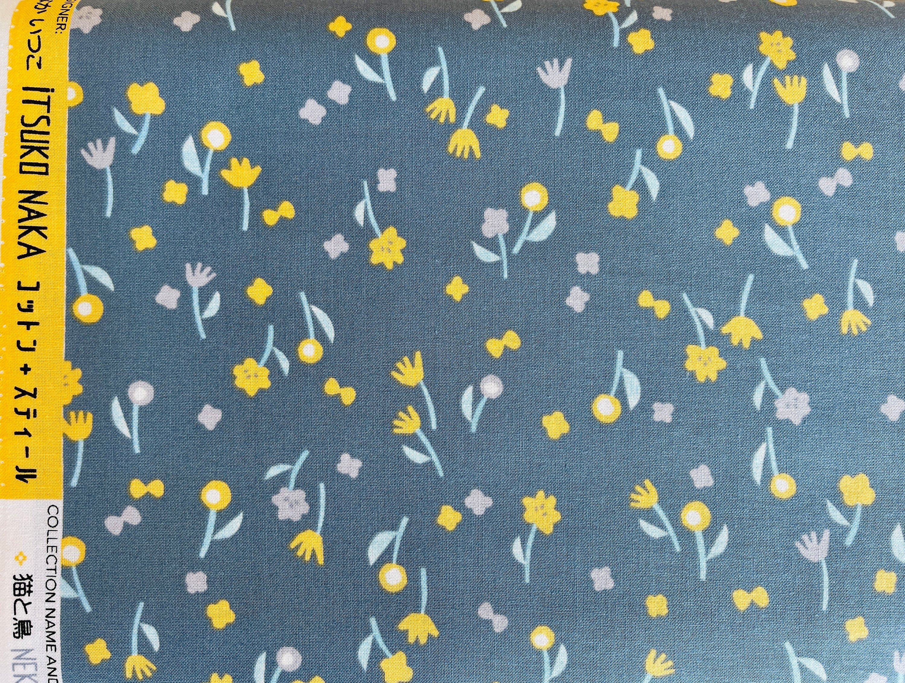 Neko and Tori-Flower Picking-Gray Cotton-Itsuko Naka-Cotton+Steel