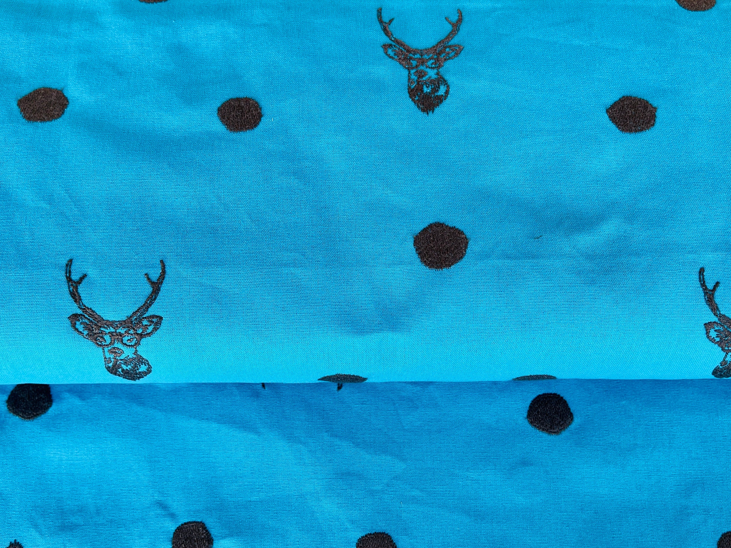 Buck - Buck Fabric - Embroidered Fabric - Kokka - Echino - Japanese Fabric - Turquoise