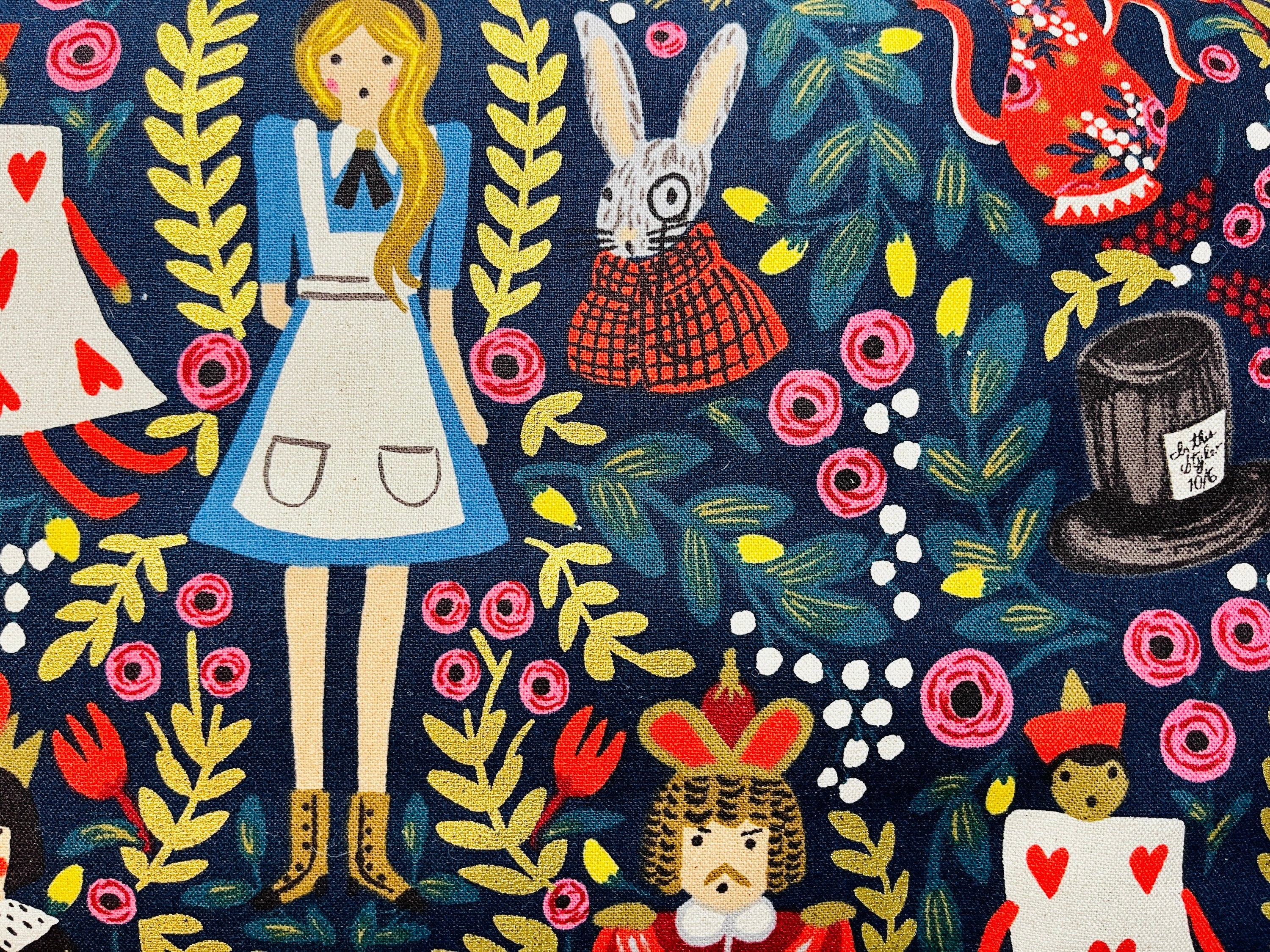 Wonderland-Rifle Paper Co-Navy Blue Cotton Linen Canvas - Metallic Gold Fabric