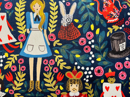 Rifle Paper Co-Alice in Wonderland Fabric-Navy Blue Quilting Cotton With Gold
