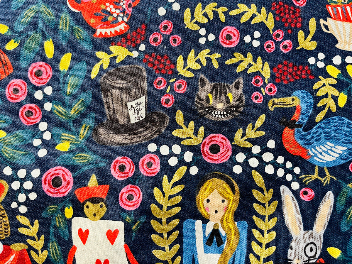 Rifle Paper Co-Alice in Wonderland Fabric-Navy Blue Quilting Cotton With Gold